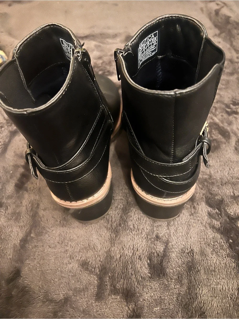 Nautica Black Ankle Boots with Gold Logo Plaques